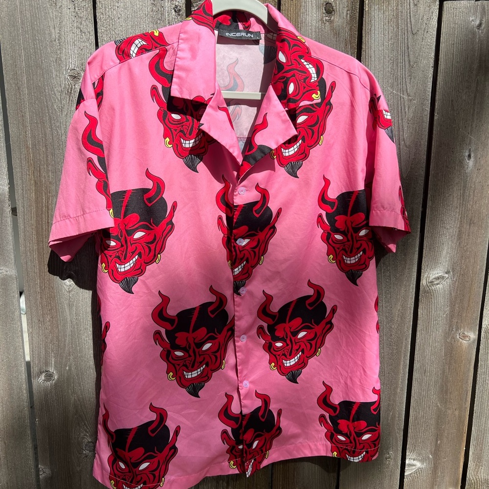 Casual Pink and Red Devil Print Button Down Shirt